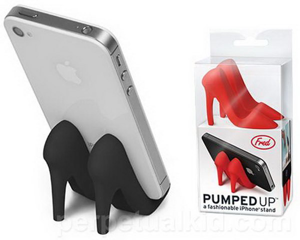 Pumped up iPhone Stand. This iPhone stand is so attractive with the shape of a pair of fashionable high heels. The titled surface and curved uppers make the shoe-shaped phone stand perfect to hold your iPhone in a stunning visual effect.