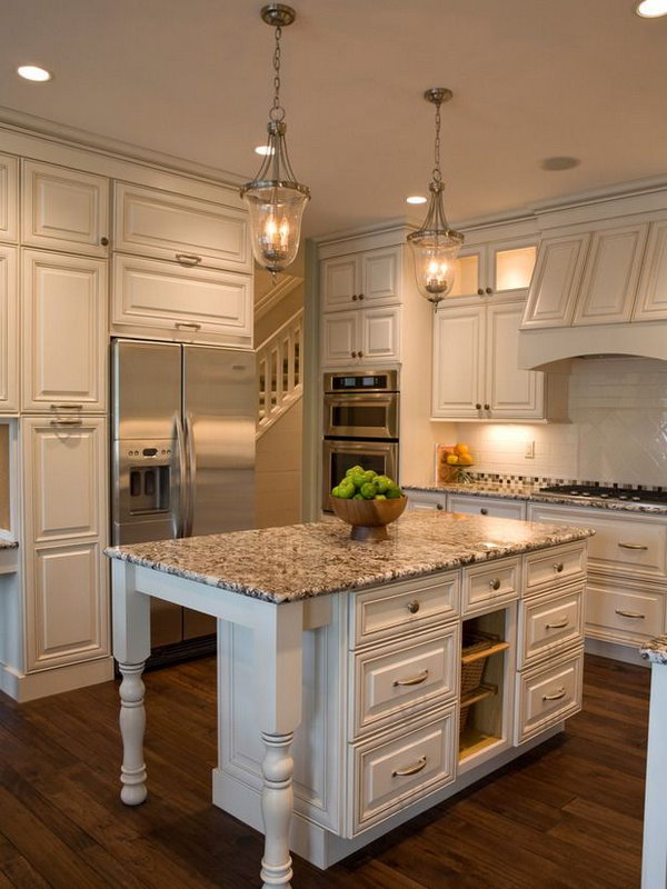  Cottage White Island. This marble island is fitting the kitchen very much. Love the doors and the marble. Also love the beautiful classic white cabinets. 