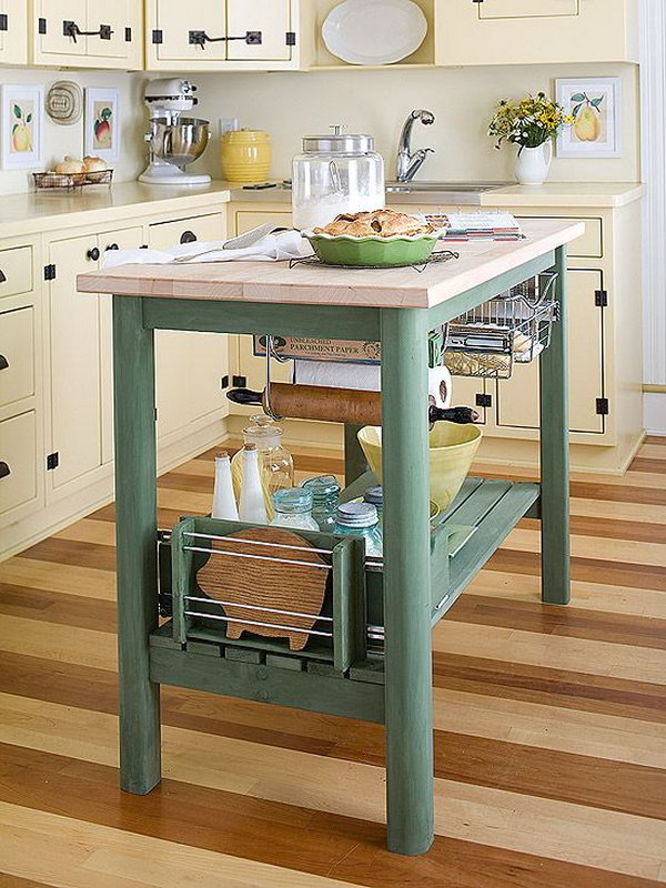  Talk about teeny. This is a perfect island for tiny kitchen and make a small kitchen look and feel spacious.  Also the work island  and the racks underneath are great! 
