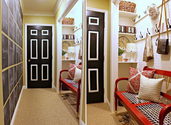 Mudroom with chalkboard wall. 