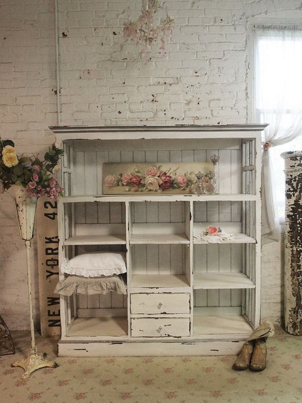  Shabby handmade cabinet - distressed paint finish on a bookcase made from salvaged wood and windows. The cabinet is gorgeous and fitting a french mudroom very much as a storage. It's just what you want to add shabby chic sophistication to the mudroom! 