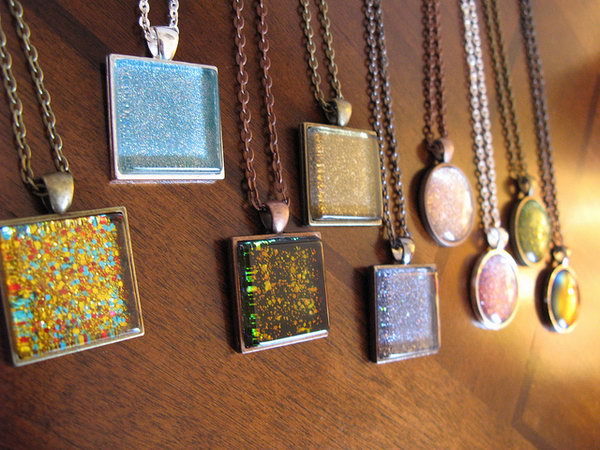 Nail Polish Pendants. This is another great use for your glitter nail polish-- turning drab pendants into bold colored ones. 