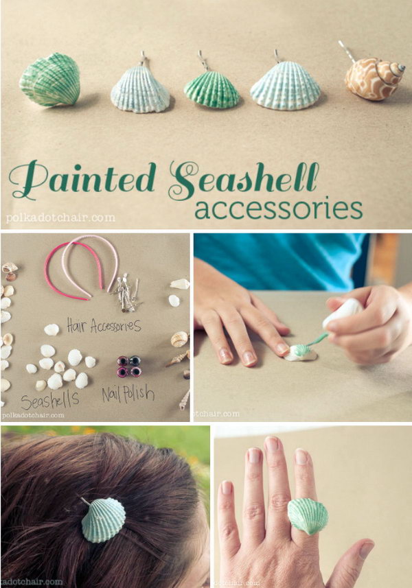 DIY Nail Polish-painted Seashell Accessories. Make this beautiful and personalized headband with nail polish and seashells from a plain headband. Tutorials are here.