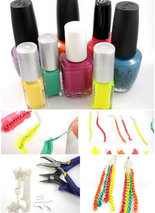 DIY Neon Chain Earrings.  Create this fashionable earrings using chains and your favorite colors of nail polish. 