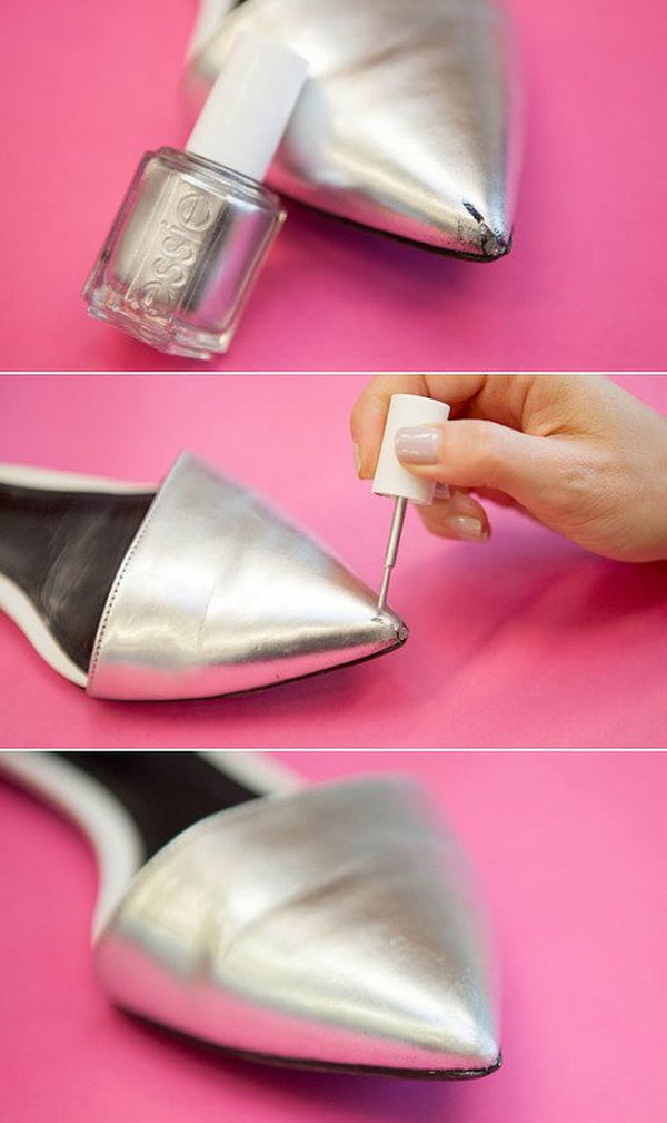  Fix Scuffed Shoes with Nail Polish. Use the same color or the similar color of nail polish to fill wear and tear on your shoes. 