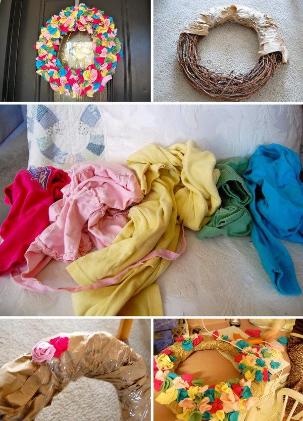 Colorful T-shirt Scarp Wreath. This wreath is made with scrap fabric from the old T-shirt and is fun and beautiful to do in pink, white, red, green or other seasonal colors. It will look great on the wall or door  of a child's or even as a hospital door wreath for the arrival of a new baby. 