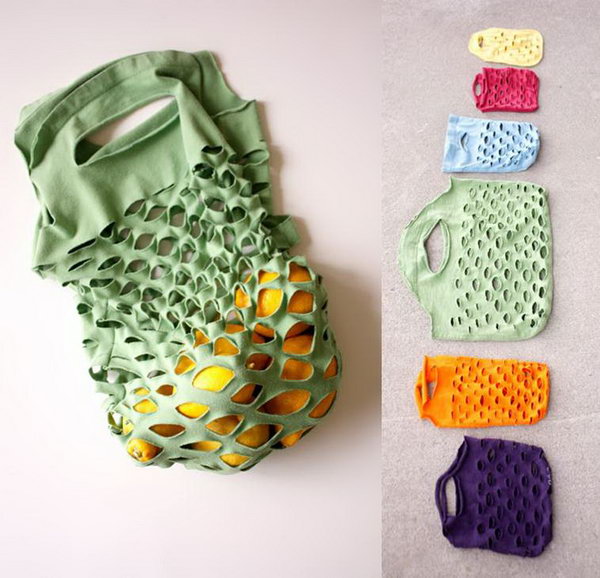 Easy Knit Produce Bag from Old T-shirt. It is really easy and require very little sewing to make this reusable produce bag out of an old knit T-shirt. You can also make more bags in various shapes ,colors and sizes. 