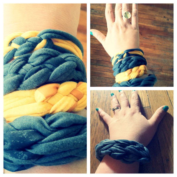 DIY Braided T-Shirt Bracelets. It is pretty fun and easy to make this braided bracelet with an old Tshirt. There are 2 videos here to tell you 2 different types of stylish summer-tastic bracelets using your  old t-shirts.You can learn to DIY one to show off and share with friends. 