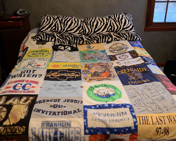 DIY T-shirt Quilt.Take pieces  with various patterns from your favorite T-shirts and then sew them into this amazing quilt. It's so cool to sleep on this quilt with full of the precious memories.
