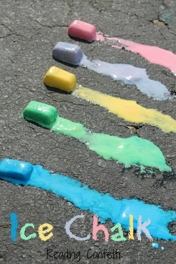 Ice Chalk. Mix up sidewalk paint, water, food coloring into the ice cube tray and freeze it. These ice chalks are great to make art, science and sensory experience for your kids to have fun on hot days.