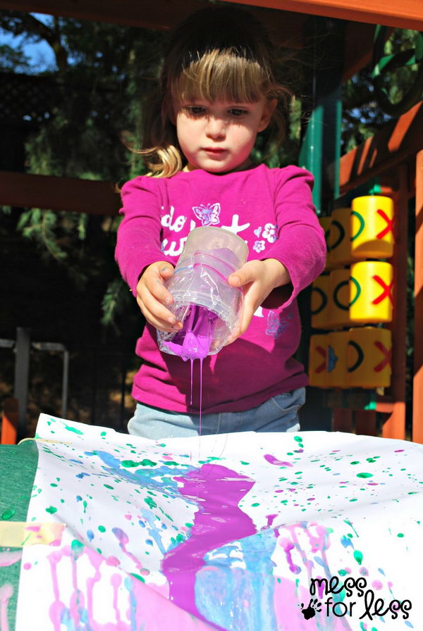 Slide Painting. Tape some easel paper from a roll to your slide to get it started. Place a trash bag on the bottom to catch the excess paint that might spill on the ground. Ask kids to pour paint from the slide to create a mixed color art in summer.