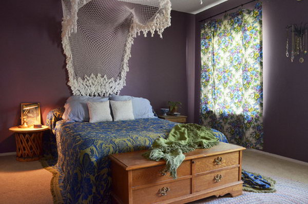 Lavender and Lace: one of the most romantic combination for the bedroom. The white lace boost  this bedroom which add to elegance and chic. Purple paired with green and blue is not a conventional color combination but is works well here and gives a fresh and easy look. 