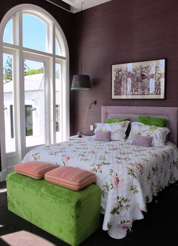 Purple and Green: The color combination of green and purple looks awesome together. I love the hanging lamps and wallpaper, the textures in the room (velvet chest, purple suede look on walls, quilted bedspread…). And the window is spectacular, not only letting in almost floor to ceiling natural light, but also due to shape. Design ideas as they tie together to make the space pretty & elegant at the same time.