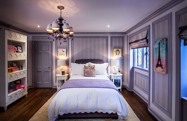  Purple Power: The purple color with the beautiful moldings enclosing the stripes. I love that how the diamond-paned windows are set into a little alcove. Especially love the walls framed out with wallpaper to make the room look more cozy and not so big and empty. 