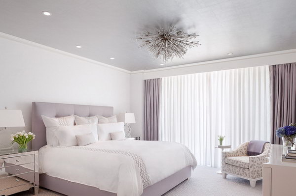 Grey-purple Color for a Tumblr Feel. This simple bedroom with the Lilac color palette is so soothing yet chic.  The details: The light fixture, curtain and sheer track concealed behind a bulkhead, the lavender ceiling, the mirrored night stand, the bedding. 