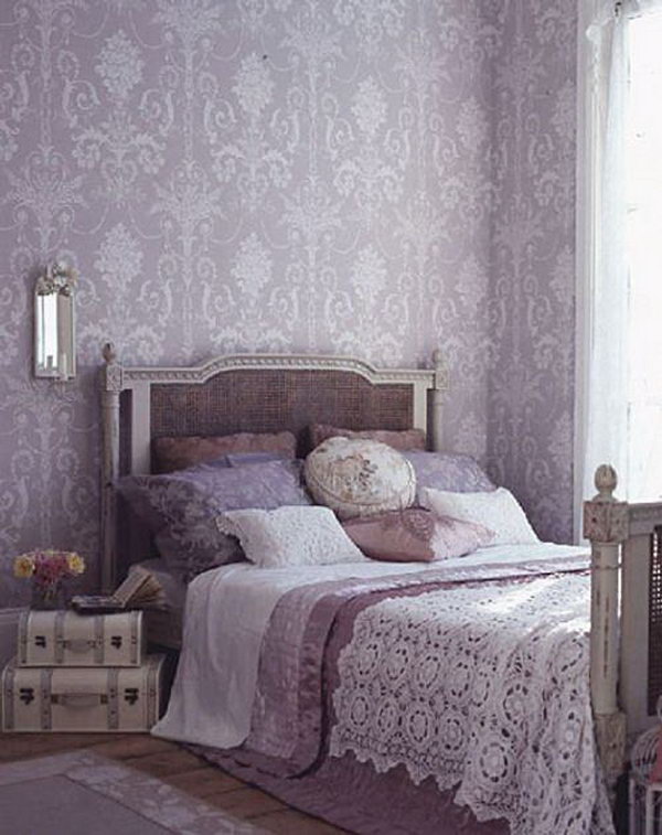  Purple Wallpaper: I love the Laura Ashley Josette wallpaper, the color scheme, the vintage luggage, the French bed, and the bedding. All of these details featured an elegant and romantic bedroom.