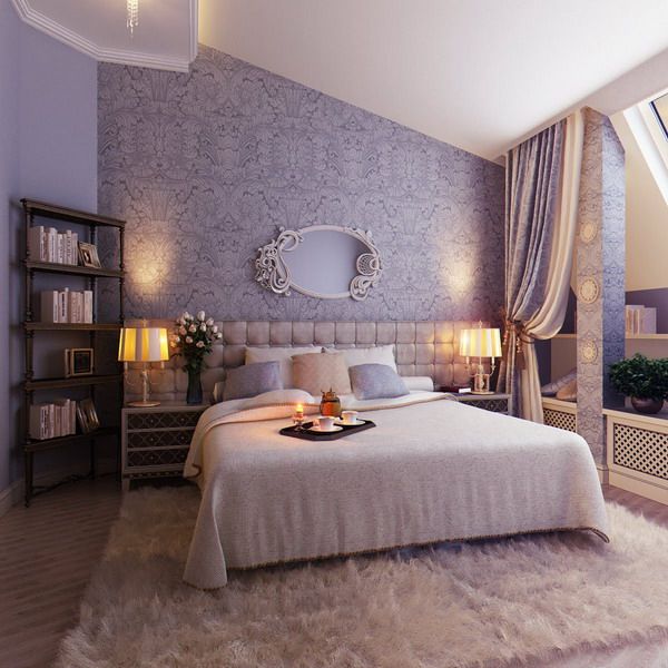 Elegant Feminine Soft Bedroom: Wall color and fairy tale like mirror, the lavender headboard, the faux animal furs carpet and bedding are beautiful, and so inviting 