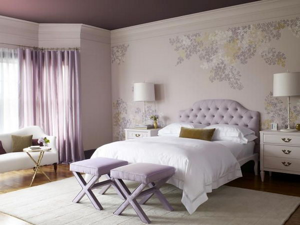 Lilac and White Bedroom: This lilac and white pairing as a girly, yet sophisticated color scheme gives the room an warm and inviting feel. 