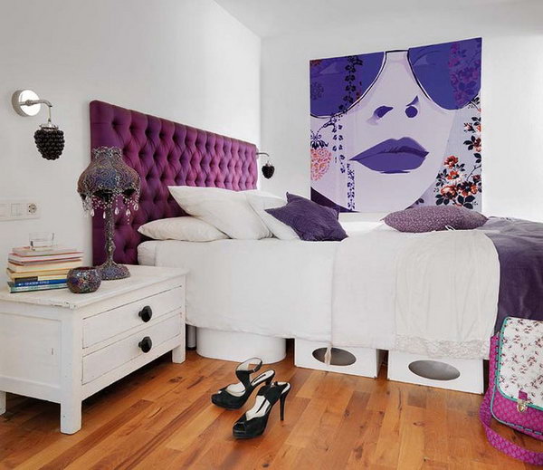Color talks: In this crisp white client's bedroom, Purple is the chosen accent color. This is a great way to introduce different shades of a fun color( plum, eggplant, lilac and violet) tones to make a fresh and luxurious combination. 