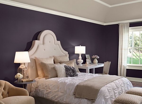 Bedroom in Benjamin Moore 'Shadow' Paint: Purple mixed with some indigo hues to keep the look from feeling too loud or too one note. I love the contemporary feel of the furnishing and the way how a rich purple creates a striking contrast with bright white in this elegant room. 