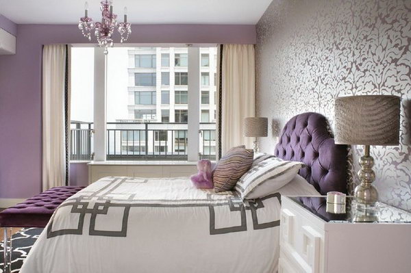 Floral Wallpaper: Great bedspread & pattern, stands out with purple wall. The rug is a great contrast too.