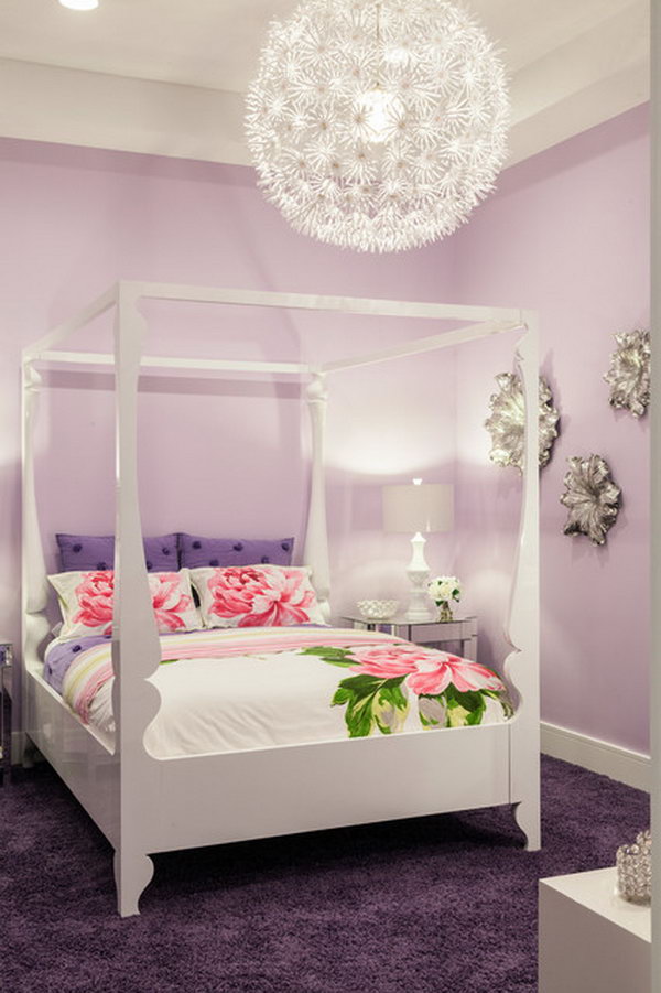 Silver Flowers on the Wall: In this pastel colored bedroom, the silver flowers and the  oversized pendant light really bring out the POP. 