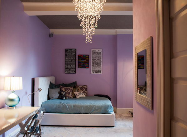 Bubbly Light fixture: The simplicity and elegance of the bedroom is really an inspiration. There are so many great details in this bedroom including the great lavender walls, blue bedding, and bubbly light fixture.  