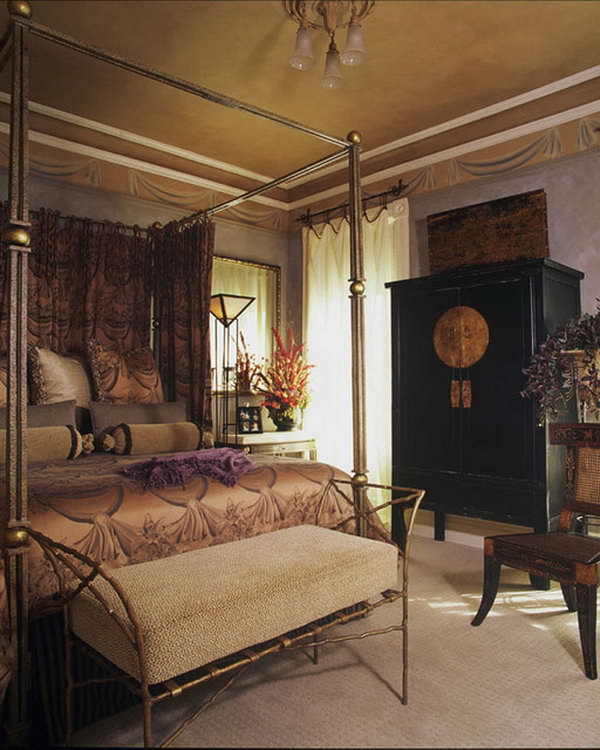 Gold and Lavender Again: This is a great example of a totally sexy Asian bedroom. I like the wedding cabinet and the metal four poster bed. 