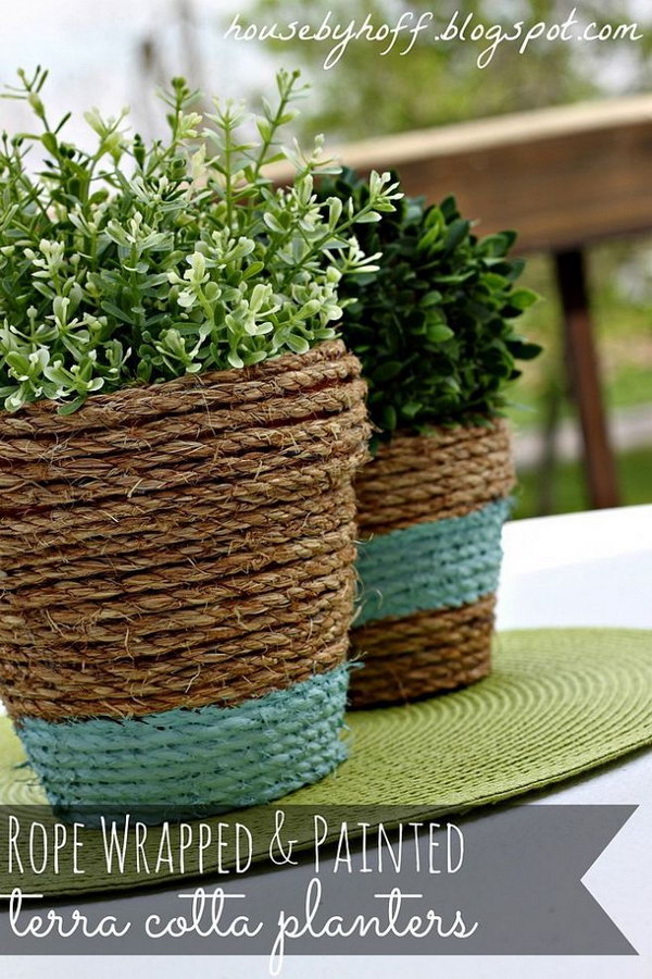 Rope-Wrapped Plant Pots. Wrap rope around some cheap terra cotta pots and added a touch of left-over paint. The result is a cute outdoor centerpiece! See tutorial for full details 