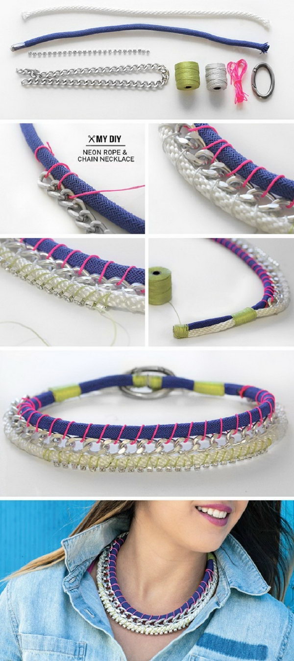 DIY Neon Rope & Chain Necklace. This is a good idea to personalize your own style by wearing this unique neon and chain necklace with rhinestones. It’s really a perfect pair for the denim shirt. See the tutorial 