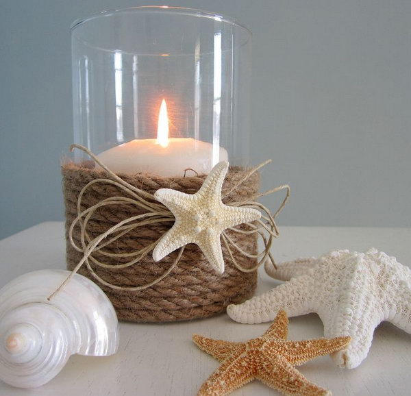 DIY Nautical Rope and Starfish Candle Holder. A plain and common mason jar decorated with the nautical rope and starfish turns to be this chic nautical decor candle holder. 