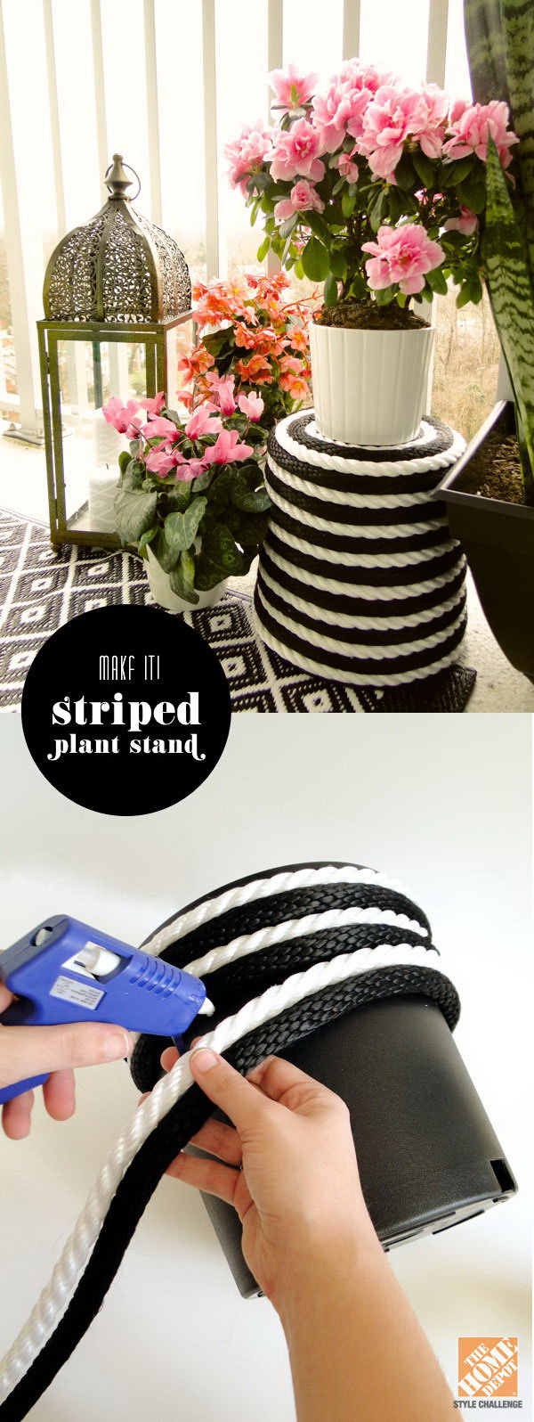 Black and white Rope-wrapped plant stand. Start at the lip of the pot using hot glue along the way and finishing it up with a nice little spiral into the center of the bottom. This project is super easy to make and turns out to a perfect decor of your patio. 