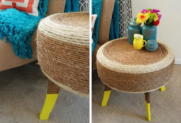 DIY Tire Table with Rope. With little imagination, an ugly tire could become such a beautiful table just with some rope wrapped. See how to make this statement home decor piece 