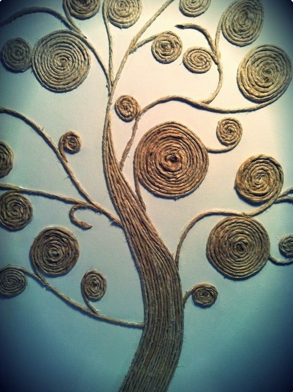 Rope-twined Tree as a Wall Art. This is another creative idea to use the leftover rope to twine in the shape of the tree.It can be a wonderful wall art for your home decor.