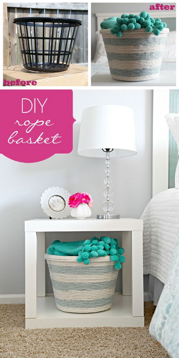 DIY Rope Basket. Get bored with the plain basket from the dollar store? Wrap it with some extra rope in different colors to create this custom rope basket.It absolutely is a guest bedroom budget friendly option.