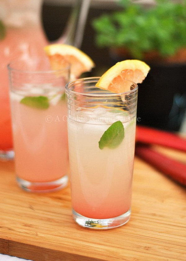 Rhubarb Grapefruit Lemonade. This pretty  summer drink brings many of summer's best ingredients together in one vivid glass. Naturally sweet and with all the flavor of bright grapefruit ,rhubarb syrup  and tangy lemons. Get the recipe here