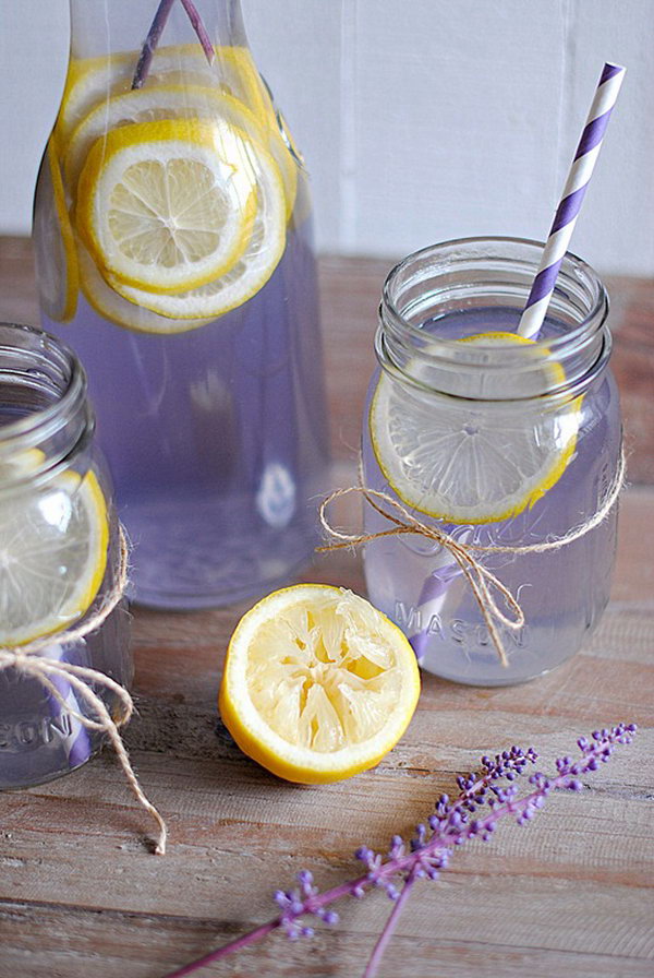 Lavender Lemonade. Get bored with the old fashioned  lemonade water,  you can try to add some stunning colors with  gorgeous lavender.