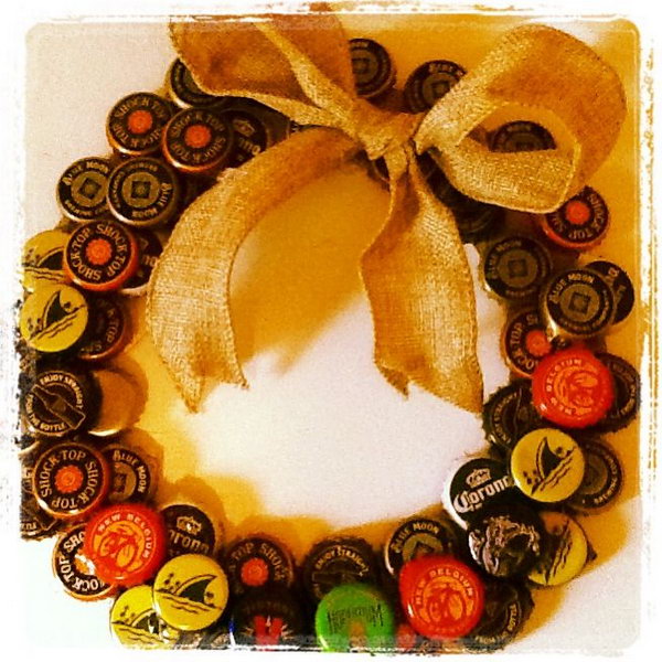 Beer Cap Wreath. It's a creative idea to make this beer cap wreath for your beer tasting party.