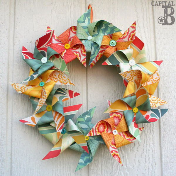 Colorful Pinwheel Wreath. This pinwheel wreath is very fun and easy to make. It is a perfect craft for your kids to make during the summer vocation.