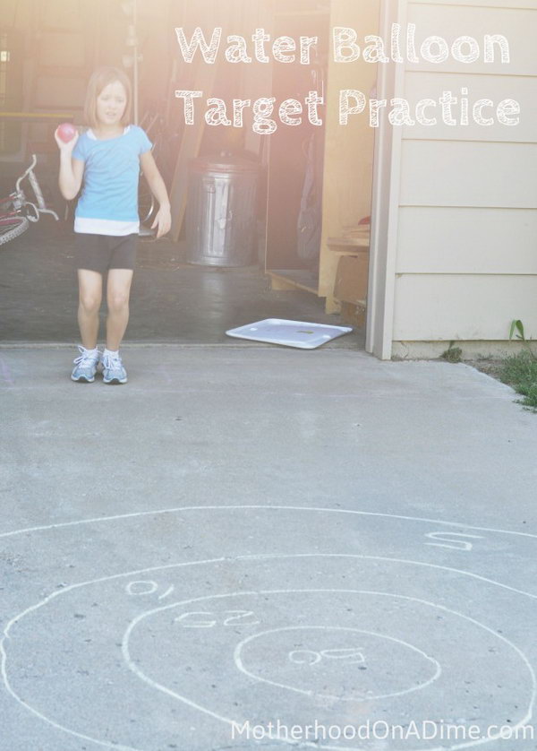 Water Balloon Target Practice. This game works perfectly for the taste of boys and girls alike. Draw a target or circles  with sidewalk chalk and ask kids to toss the balloons as close to the center target as the can. 