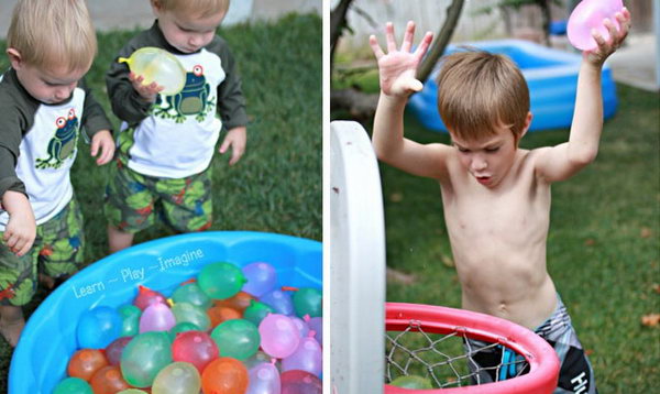 Water Balloon Basketball. Set up the basketball hoop and bracket. Some kids may toss the balloons from far away, others prefer to go for the slam dunk. Boys may enjoy this game the most as basket ball fans.