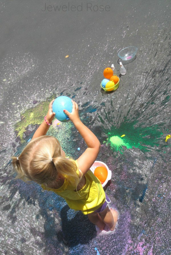 Sidewalk Splat Painting. Mix cornstarch, water, food coloring into the pumponator and shake it well. Attach each balloon to the end, pump and fill. All the kids must enjoy throwing the balloons to create art and raise their aesthetic sense.
