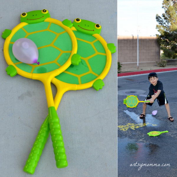Hit balloons with racket. It's time to play tennis with turtle racquet and ball set. Just ask your kids to hit the balloons with the racket to make a splash somewhere. The kids must be very thrilled to see them breaking and have a lot of fun.