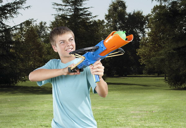 Crossbow Water Balloon Launcher. Unfold the launcher, place your water balloon in the launcher and fire it away. Kids would surely love this idea to rain water on their friends.