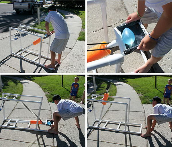 PVC Water Balloon Catapult Launcher. Place the water balloon, put the arm down as far as possible. Kids will be thrilled to eject the water balloon.