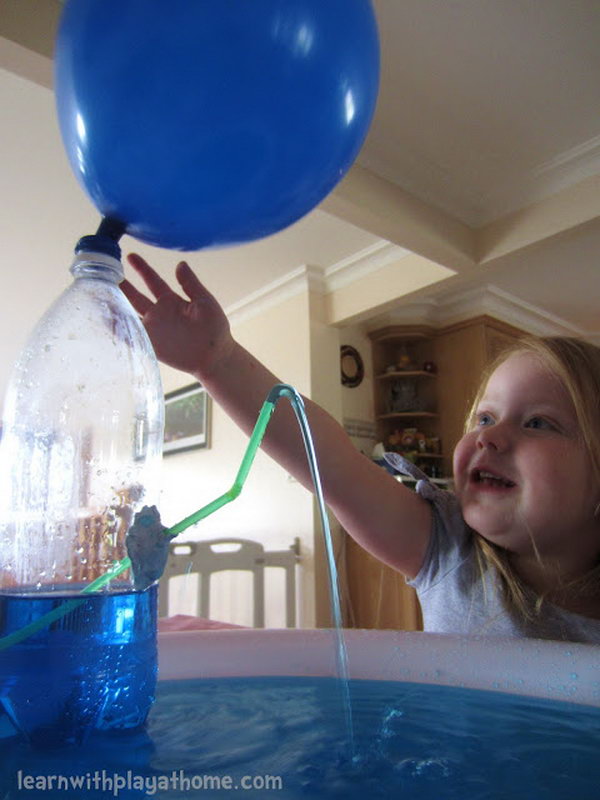  Water bottle fountain. What is better the kids learn with play? Kids enjoy great fun when the air from the balloon pushes the water out through the straw! And this is also a science lesson. Materials you need for this game: empty water bottle, balloon, straw, blu-tac (or similar), tray for catching the water (optional). 