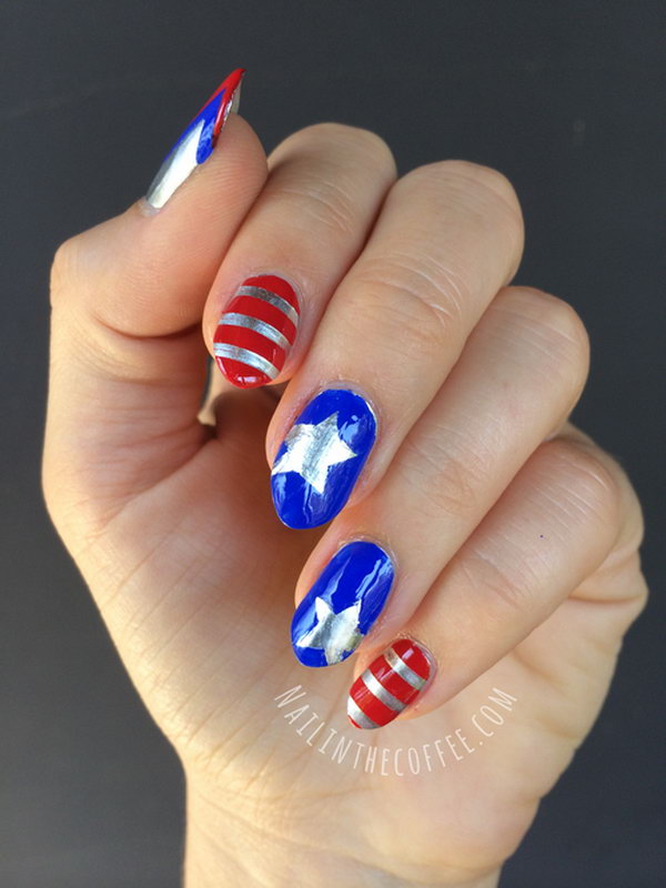 Action Hero 4th of July Stiletto Nails: Pretty fun and cute captain America themed 4th of July nail art. I'm in love with it. Have a look at the tutorial here.