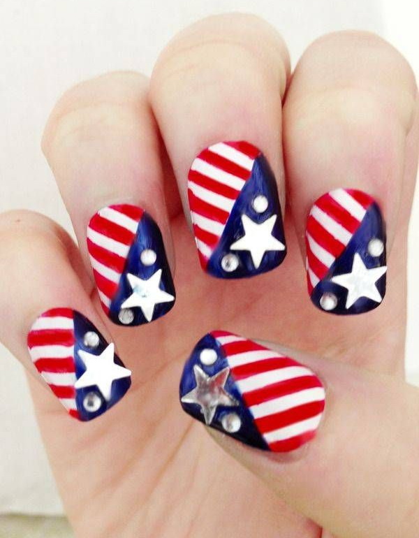 Metallic Stars and Dots Accent Manicure: Inspired by U.S.A flag, between blue white and red and use stickers and sequins, this 4th of July nail art really looks fantastic. 