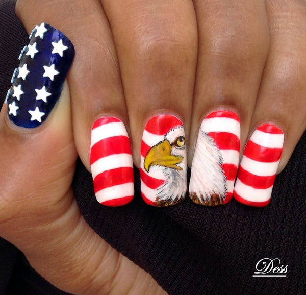 American Eagle, Stars and Stripes 4th of July Nail Art: Play with the country's symbol such American eagle is a great way to both reflect the American spirit and stay cool. See the tutorial here.