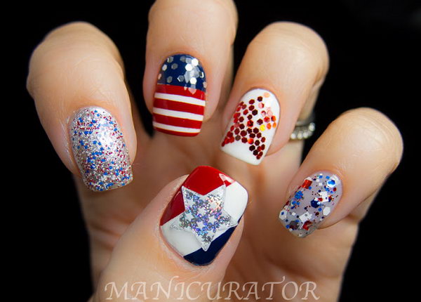  Beautiful Flag Day Patriotic Sequin Nails: This sequin design is a funky take on flag-inspired nails. The different glitters add more character. With the clever galaxy nails set, you can create a great 4th of July nails look that is beautiful and unique, but totally shows some love on the Fourth of July. See the tutorial here. 